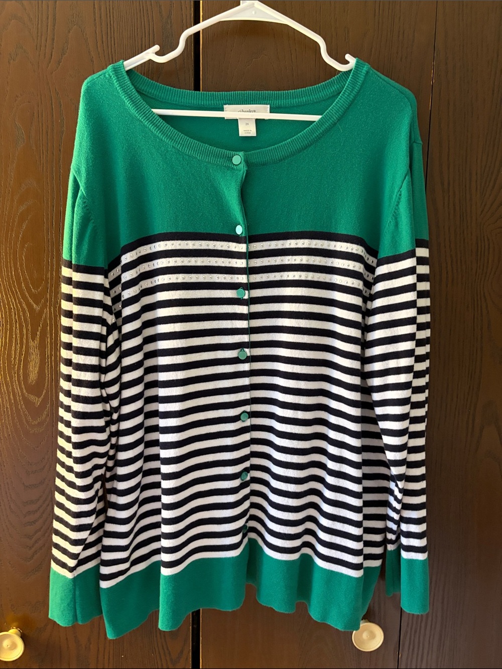 CJ Banks Green Black and White Striped Button-Front Cardigan. Size 2X